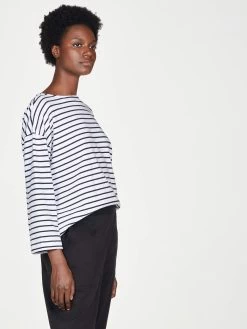 Thought Organic Cotton Breton Stripe Top - White 10 Thought Organic Cotton Breton Stripe Top - White -Yogamatters AW21 WST5900 WHITE 2605 3S