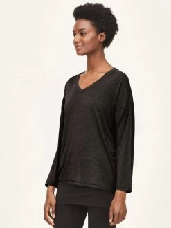 Thought Eliza Seacell Long Sleeve Top - Black -Yogamatters wwt6253 black naturally soft seacell long sleeve top in black 2 5